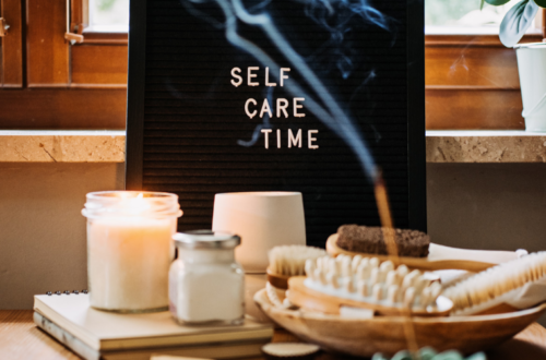 sign for self care time with tools for beauty and self care