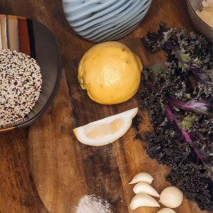 Ingredients for the Lemon & Garlic Caramelized Quinoa and Kale Salad: Lemon, garlic, quinoa, kale, olive oil, sea salt, Parmesan