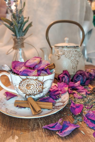 Tea cup full of rose petals and kettle with herbs for magic potion for beautiful skin